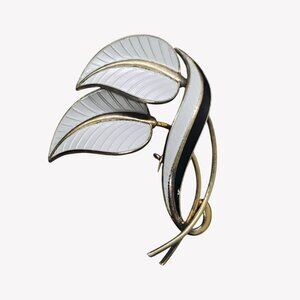 Vtg Norway Albert Scharning Sterling Silver White Guilloche Enamel Leaf Brooch